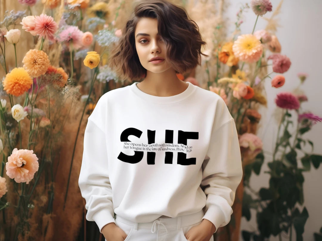 SHE - Virtuous Woman Cropped Raglan Fleece Pullover | Proverbs 31:26 | Women's Christian Sweatshirt - Warm Tones
