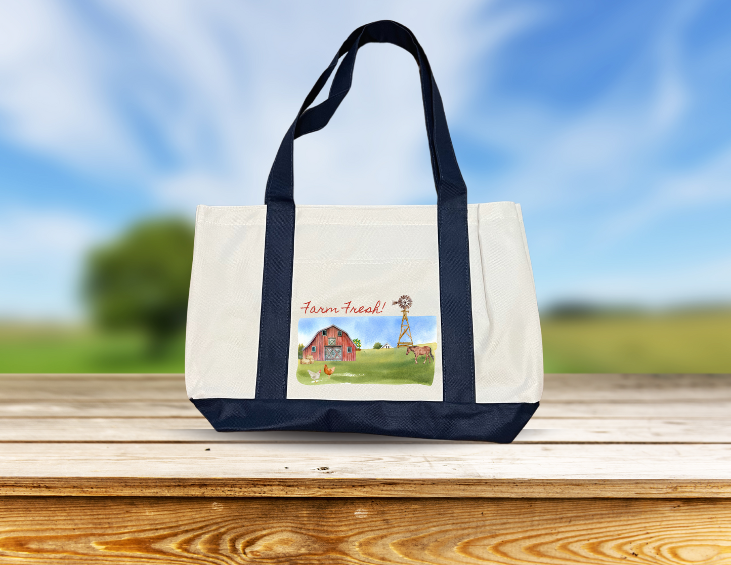 "Farm Fresh" - large navy and white tote bag