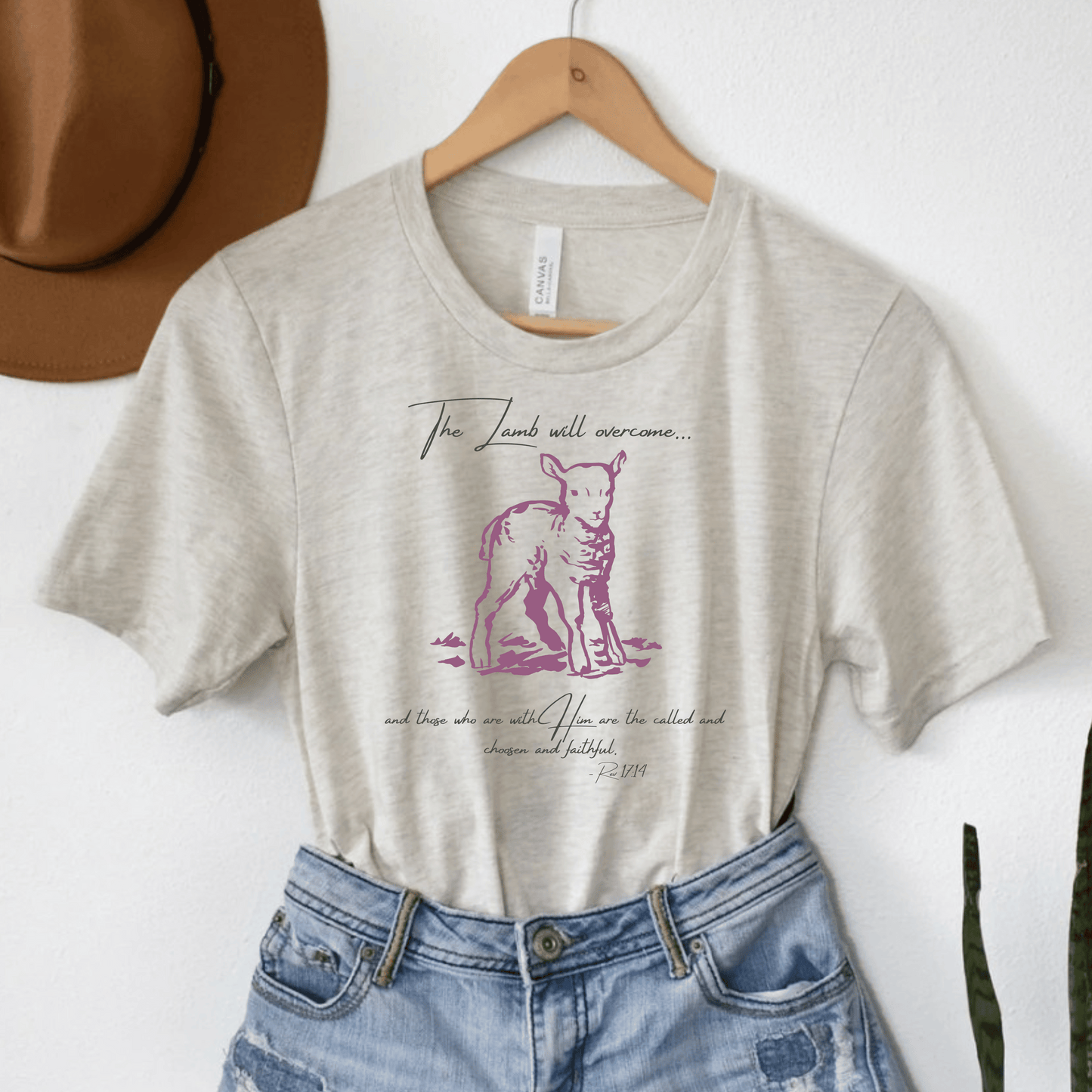 "The Lamb will overcome" shirt in natural heather color