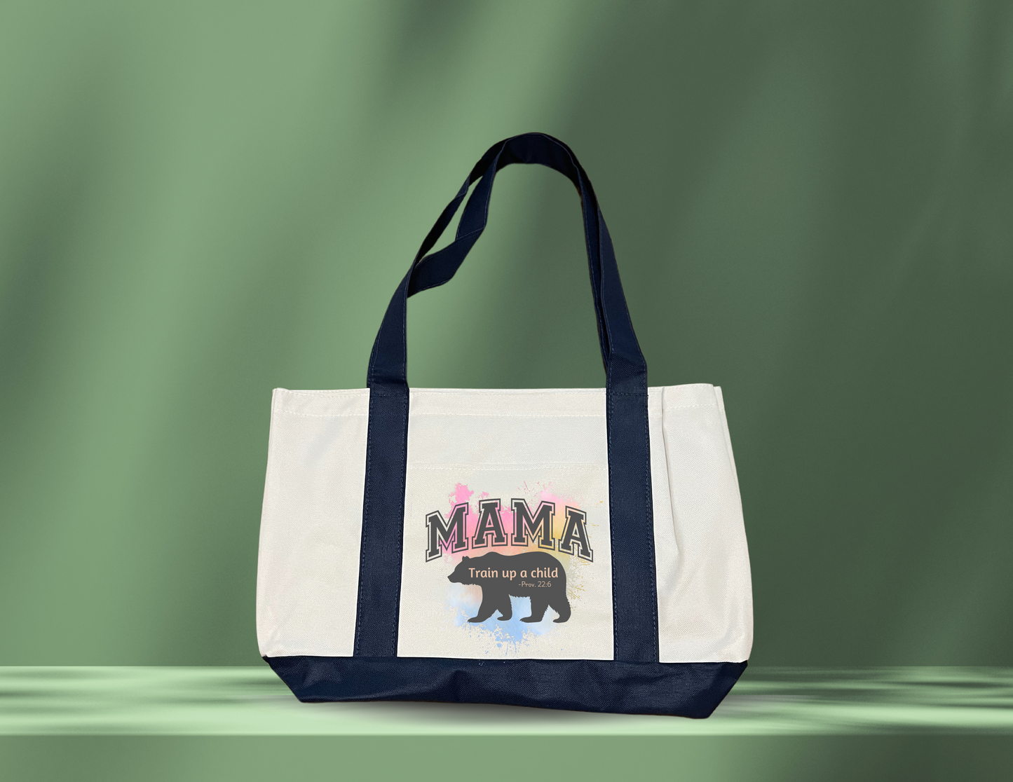 Mama "Train up a Child" - large navy and white tote bag