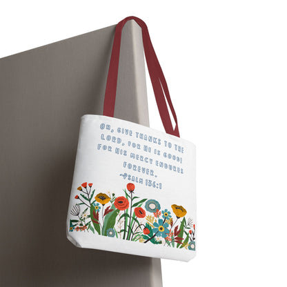 Floral Psalm 136:1 Tote Bag — Give Thanks the Lord Scripture Canvas Tote