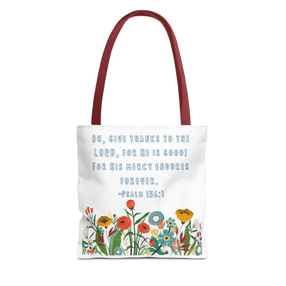 Floral Psalm 136:1 Tote Bag — Give Thanks the Lord Scripture Canvas Tote