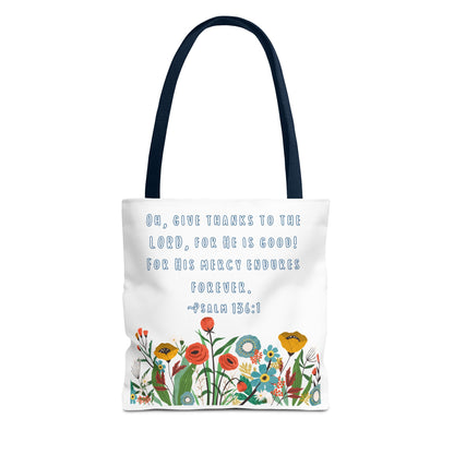 Floral Psalm 136:1 Tote Bag — Give Thanks the Lord Scripture Canvas Tote