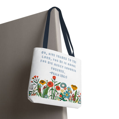 Floral Psalm 136:1 Tote Bag — Give Thanks the Lord Scripture Canvas Tote