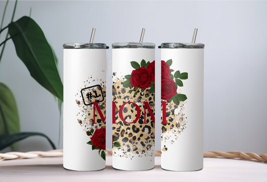 "#1 Mom" w leopard and roses background - 20 or 30 oz tumbler with straw