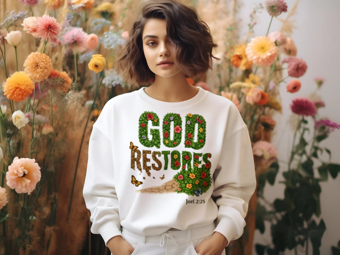 "God Restores" Joel 2:25 Bella + Canvas Women's Floral Raglan Fleece Pullover