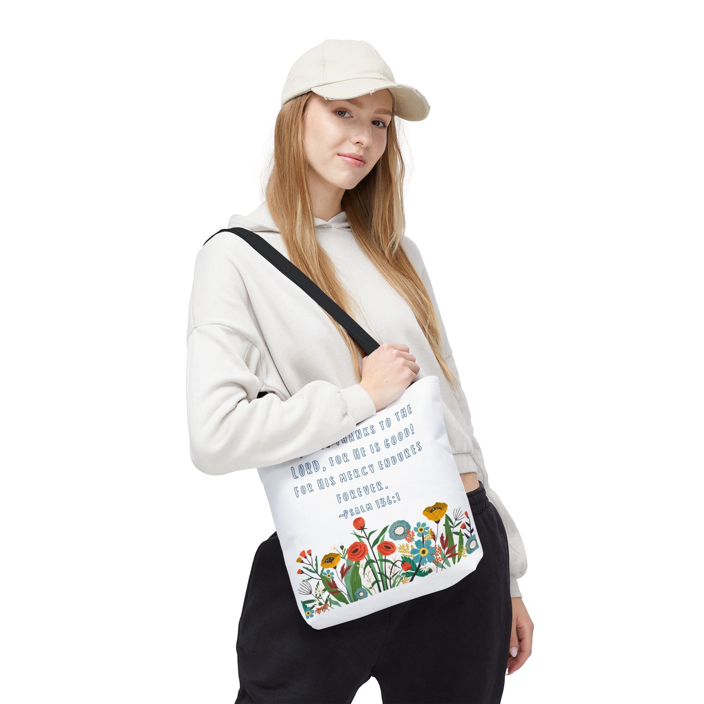 Floral Psalm 136:1 Tote Bag — Give Thanks the Lord Scripture Canvas Tote