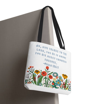 Floral Psalm 136:1 Tote Bag — Give Thanks the Lord Scripture Canvas Tote