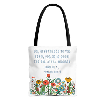 Floral Psalm 136:1 Tote Bag — Give Thanks the Lord Scripture Canvas Tote