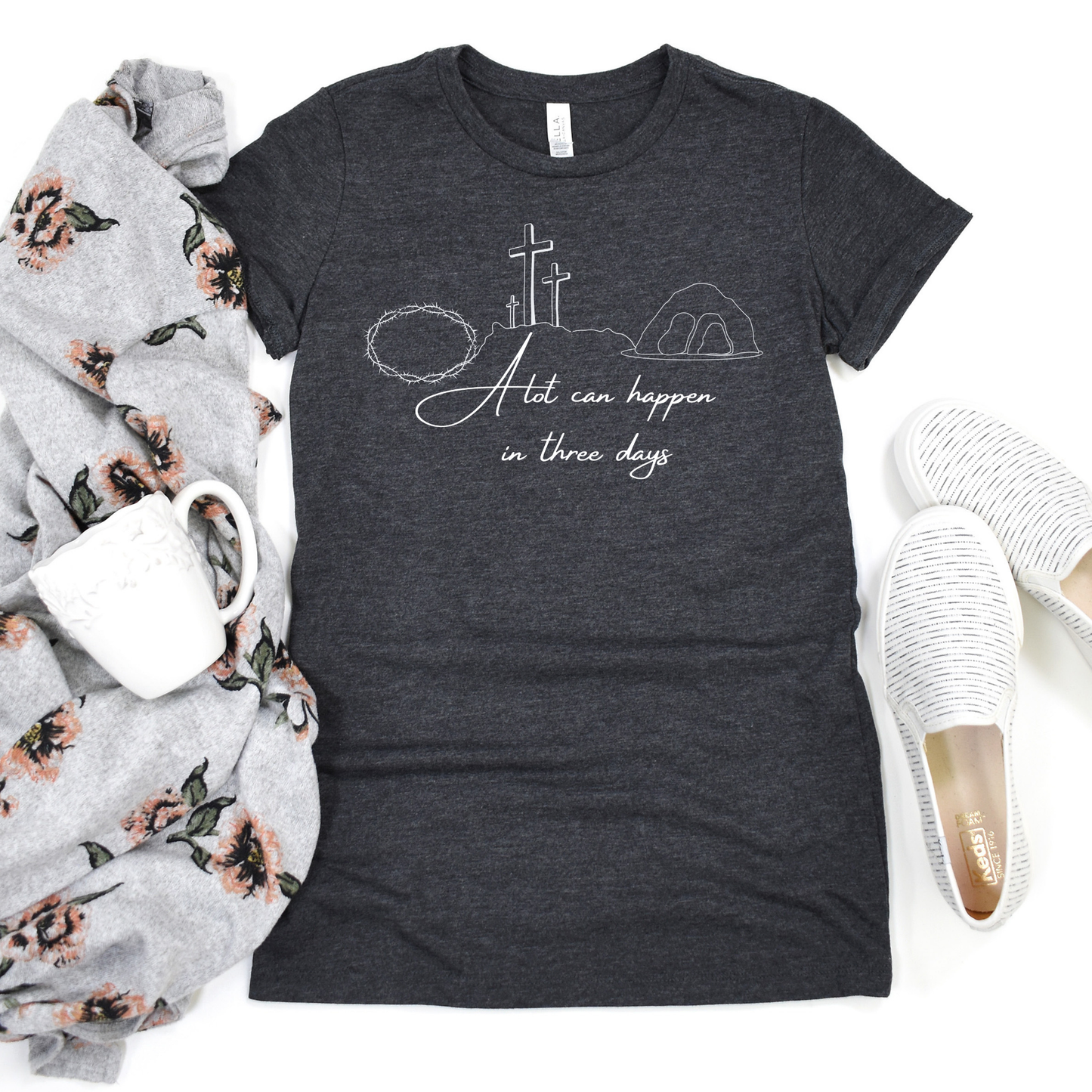 "A lot can happen in 3 days" shirt in dark gray