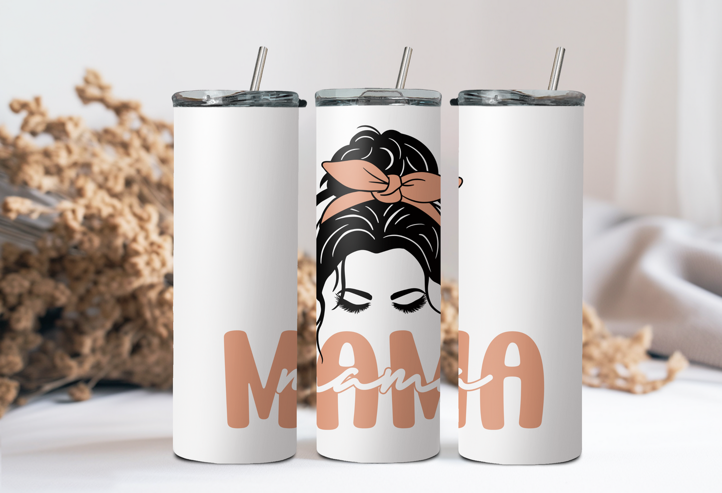 "Mama" w/mom with headband - 20 or 30 oz tumbler with straw