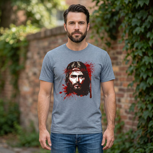 Front mockup of the Blood of an Innocent Man shirt on a man