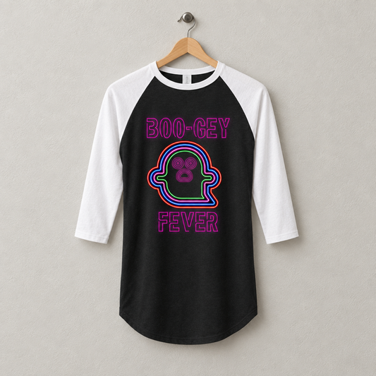 Black and white Boo-gey Fever three-quarter sleeve raglan tee on a wooden hanger against a light-gray wall