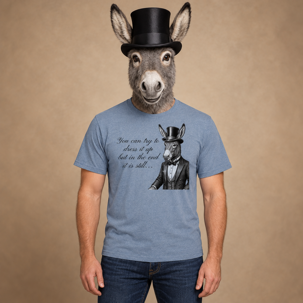 Adult wearing a donkey costume mask and top hat with the blue-gray Try to Dress It Up graphic T-shirt