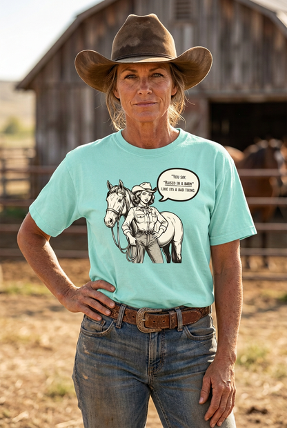 Sharper-print revision of the older cowgirl wearing the longer mint tee